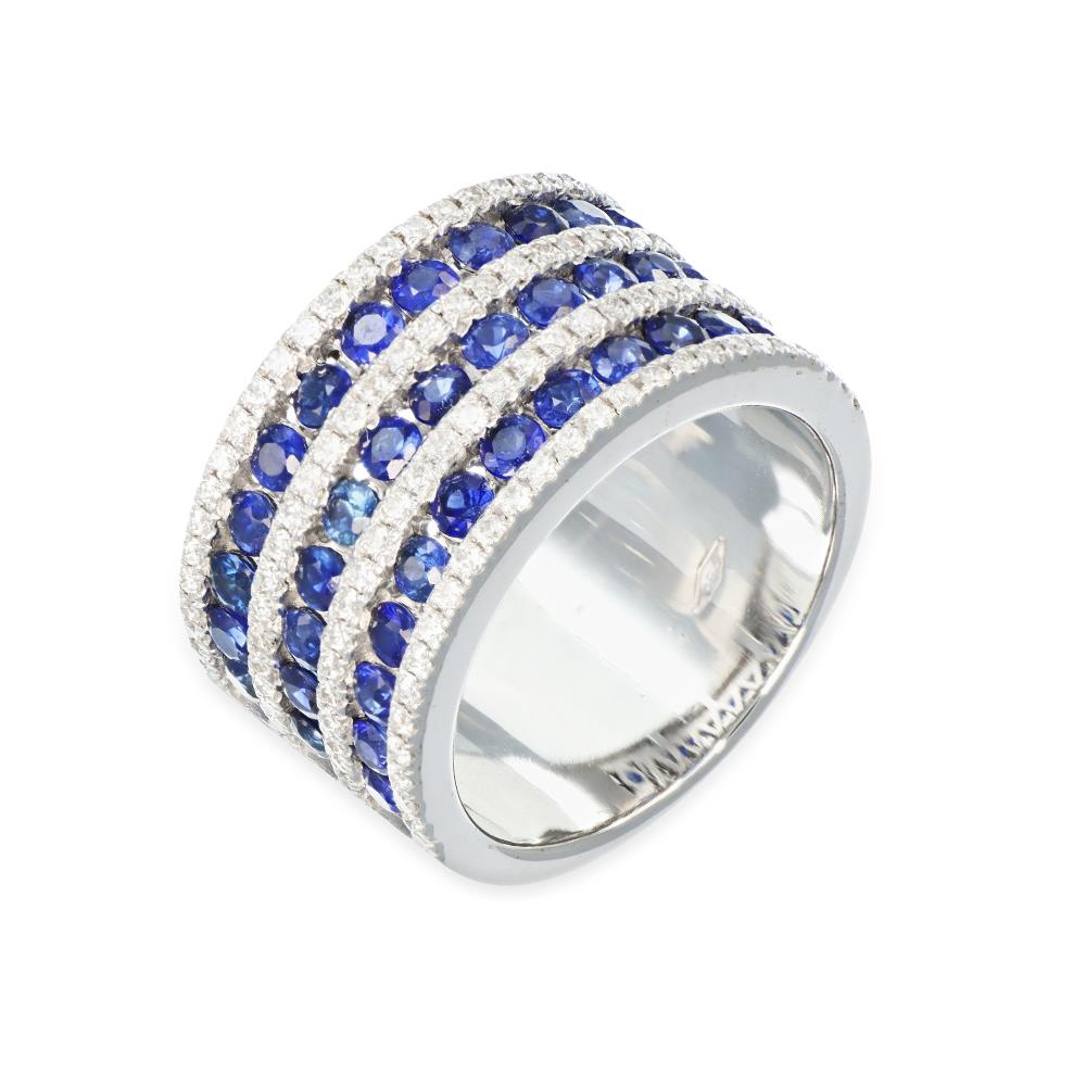 Anello A Fascia In Oro Bianco 18 Kt Zaiffiri Blu e Diamanti