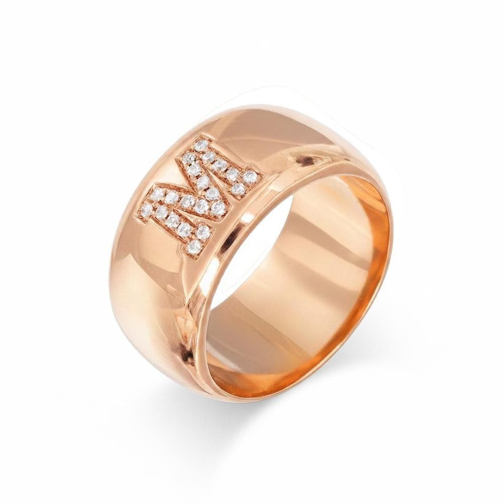 Anello a Fascia in Oro Rosa 18 Kt e Diamanti Lettera M