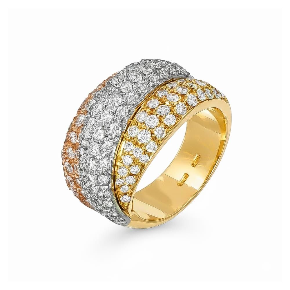 Anello a Fascia Tricolore in Oro Giallo, Rosa e Bianco 18 Kt e Pavè di Diamanti