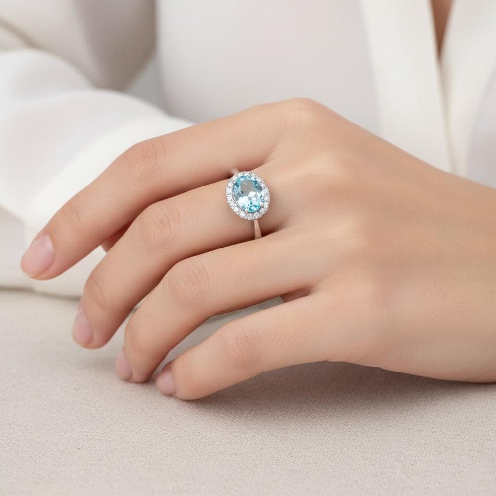 Anello Acquamarina in Oro Bianco 18 Kt e Diamanti