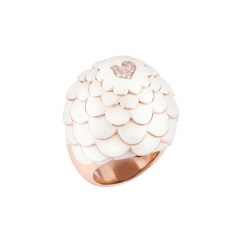  Anello Chantecler Paillettes Oro KT 18 Cupola Smalto Bianco