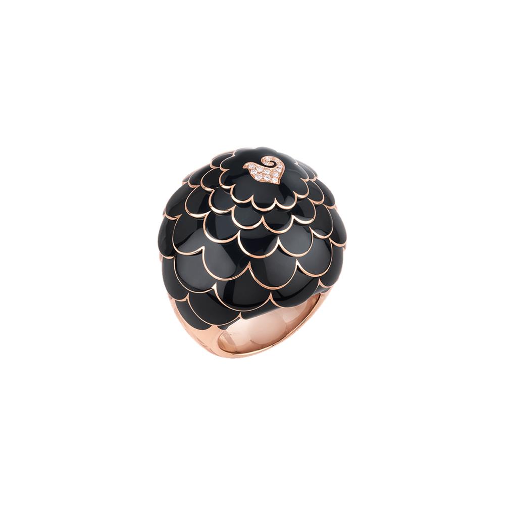 Anello Chantecler Paillettes Oro KT 18 Cupola Smalto Nero