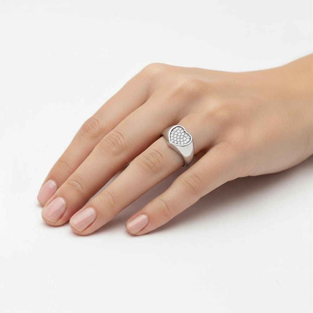 Anello Chevalier con Cuore in Oro Bianco 18 Kt e Cubic Bianca
