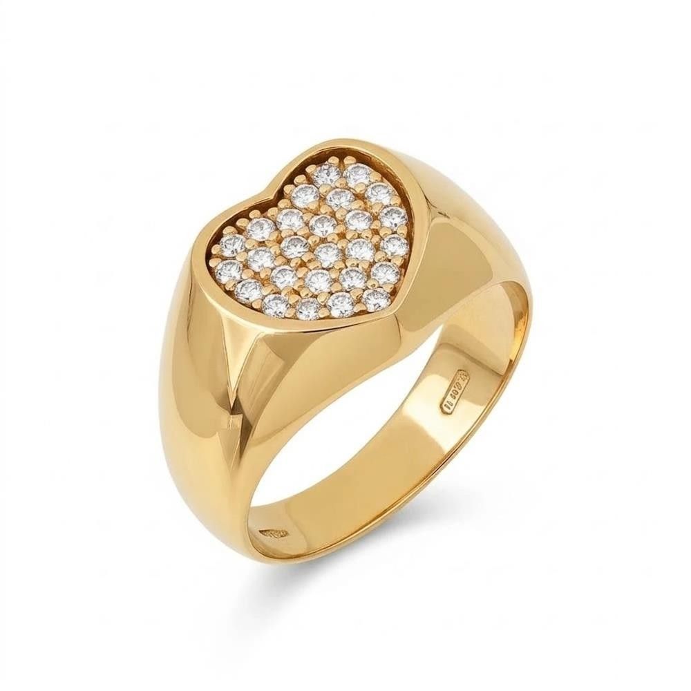 Anello Chevalier con Cuore in Oro Giallo 18 Kt e Pavè di Cubic Bianca