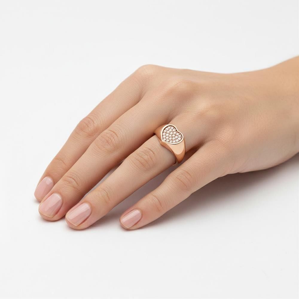 Anello Chevalier con Cuore in Oro rosa 18 Kt e Cubic Bianca