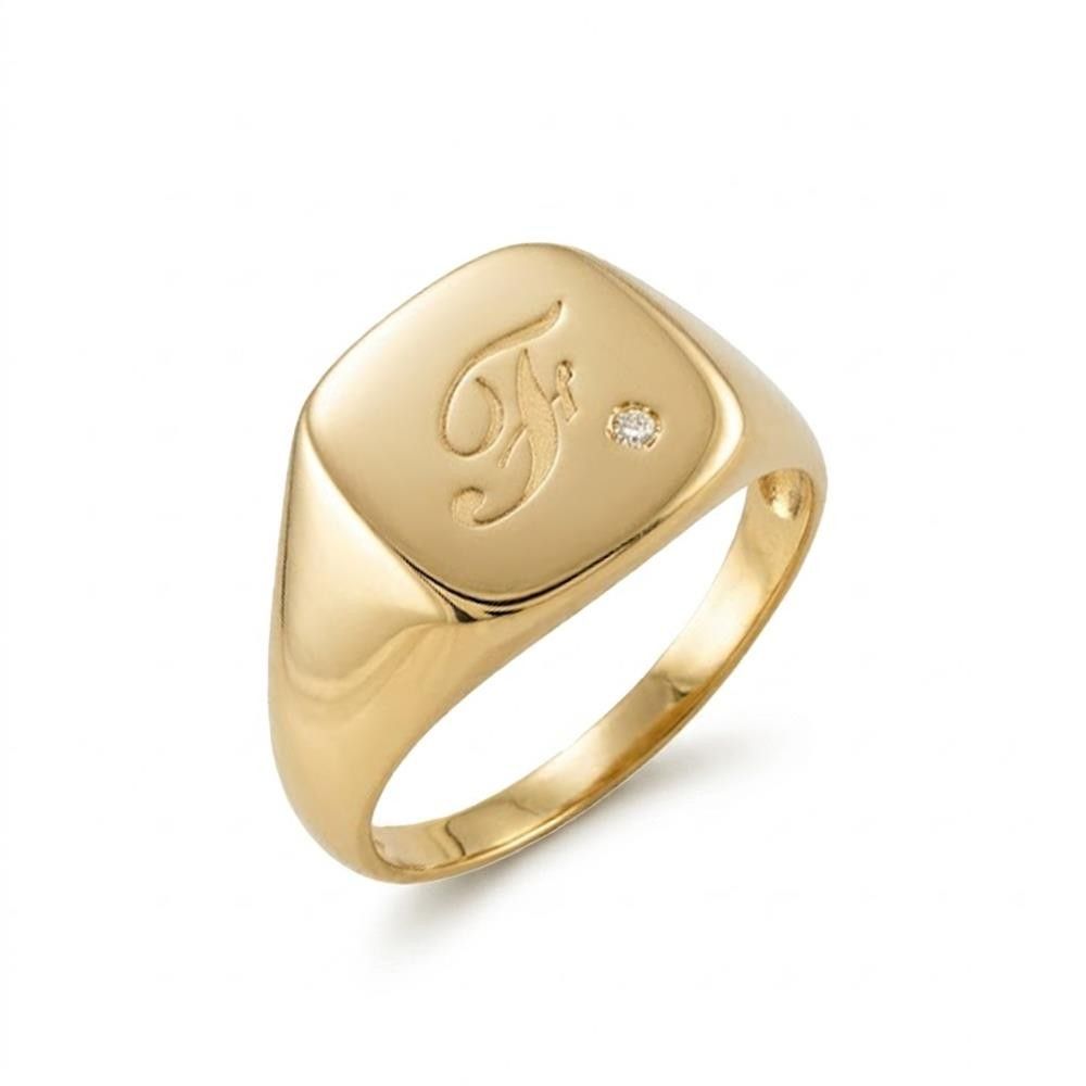 Anello Chevalier con Lettera F in Oro Giallo 18 Kt e Brillantino