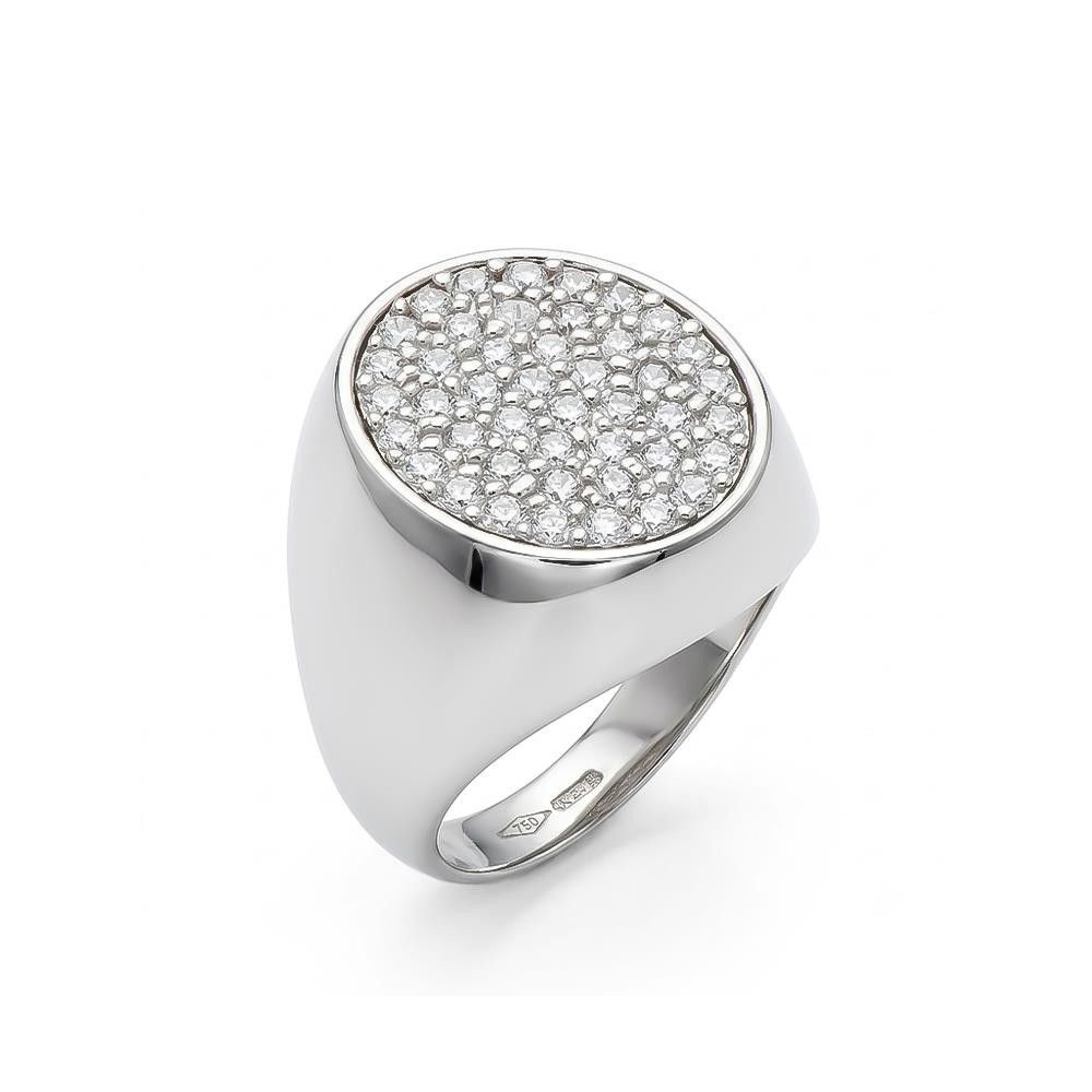Anello Chevalier Ovale in Oro Bianco 18 Kt e Cubic Bianca