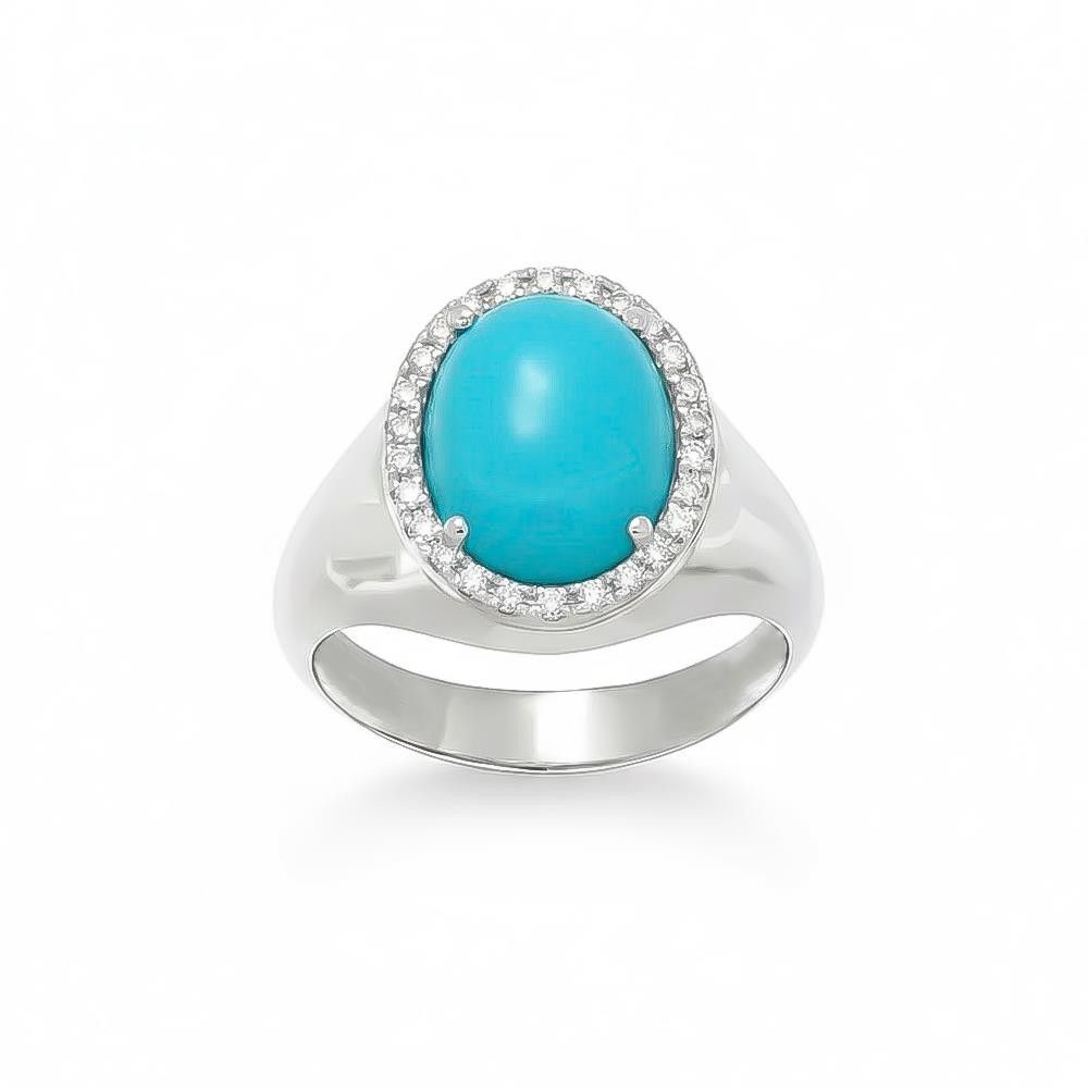 Anello Chevalier Turchese Naturale in Oro Bianco 18 Kt e Diamanti