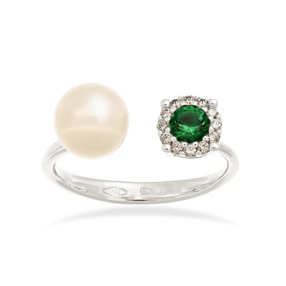 Anello con Perla in Oro Bianco 18 Kt e Cubic Verde Smeraldo