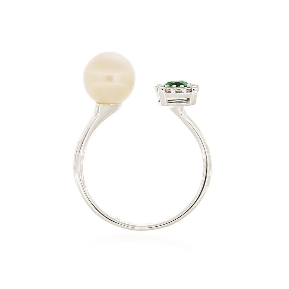 Anello con Perla in Oro Bianco 18 Kt e Cubic Verde Smeraldo
