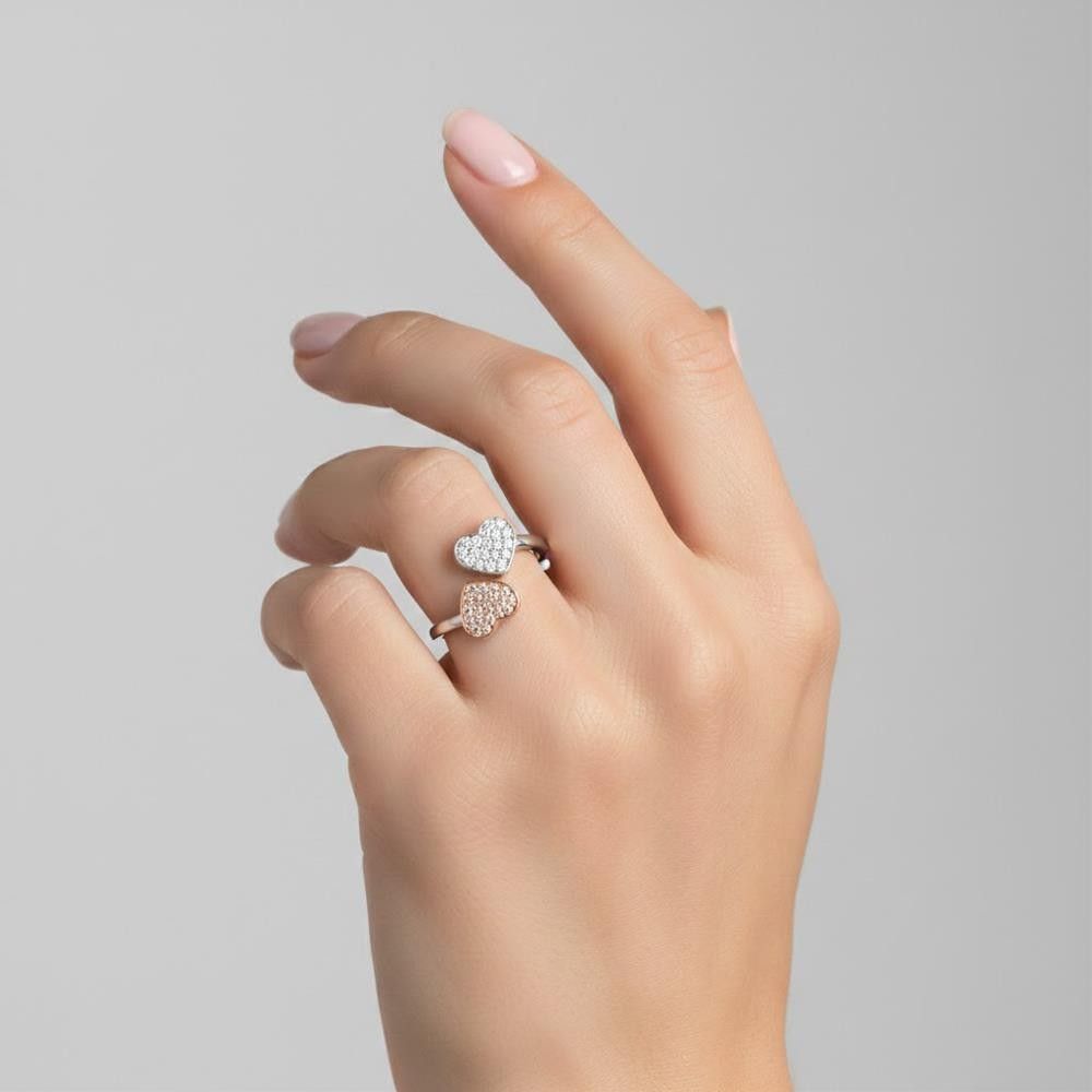 Anello Contrariè Cuori in Oro Bianco e Rosa 18 Kt e Diamanti