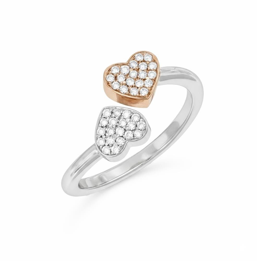 Anello Contrariè Cuori in Oro Bianco e Rosa 18 Kt e Diamanti