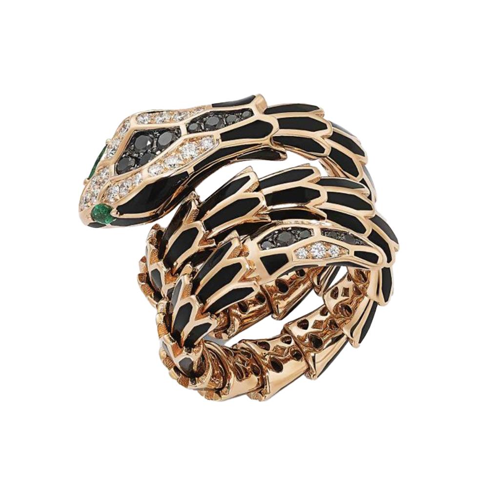 Anello Crivelli Contrariè Serpente in Oro Rosa 18 Kt Smalto Nero e Diamanti