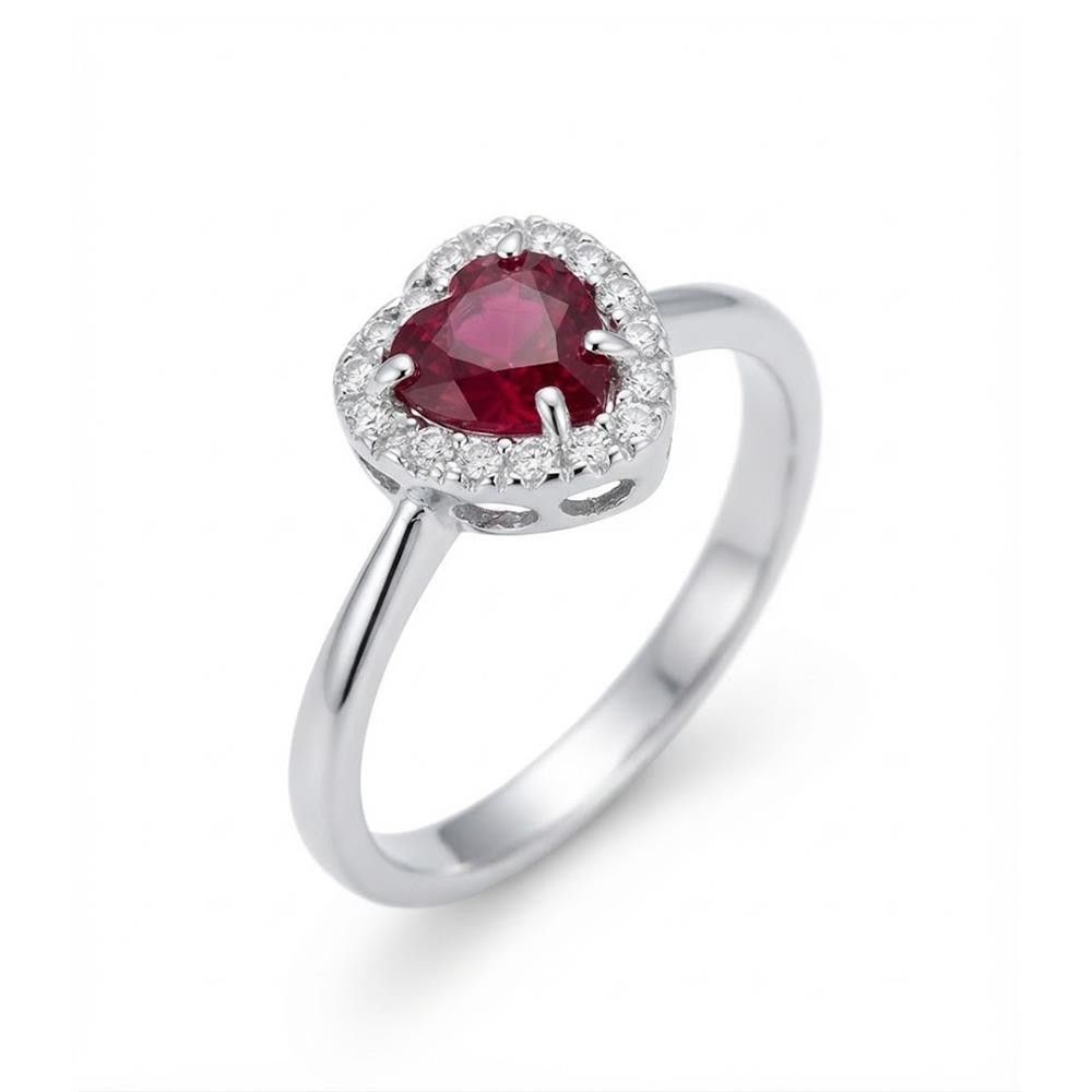 Anello Cuore in Oro Bianco 18 Kt e Cubic Bianco e Rosso Rubino