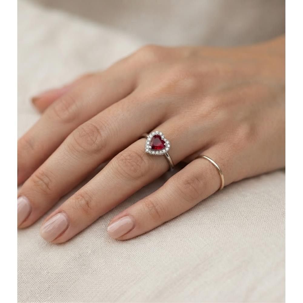 Anello Cuore in Oro Bianco 18 Kt e Cubic Bianco e Rosso Rubino