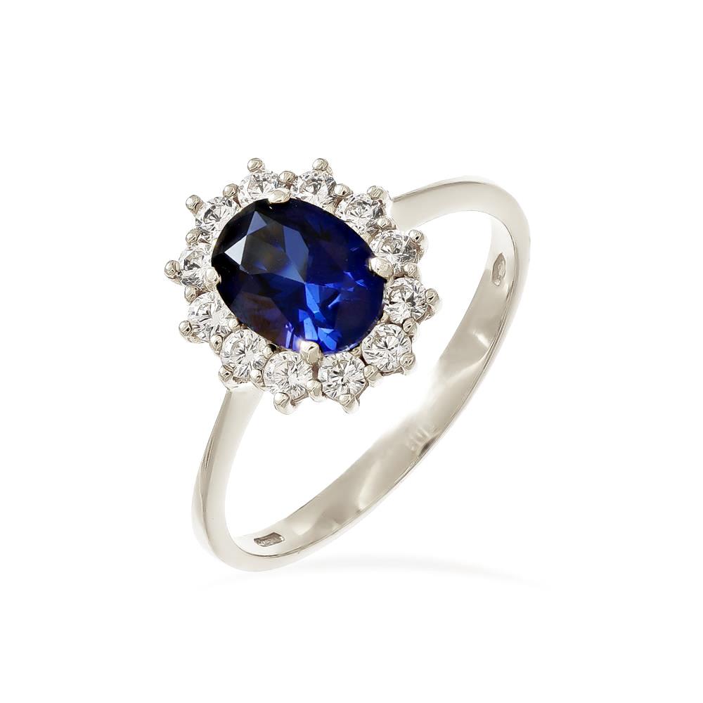 Anello in Oro Bianco 18 Kt con Cubic Blu Zaffiro e Bianchi