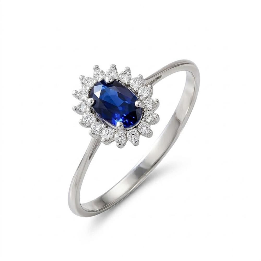 Anello in Oro Bianco 18 Kt con Cubic Blu Zaffiro e Bianchi