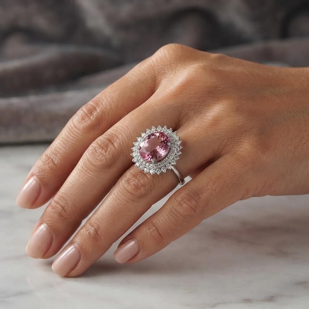 Anello in Oro Bianco 18 Kt con Cubic Rosa di Francia