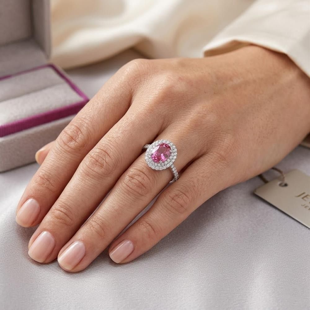 Anello in Oro Bianco 18 Kt con Cubic Rosa di Francia e Bianchi
