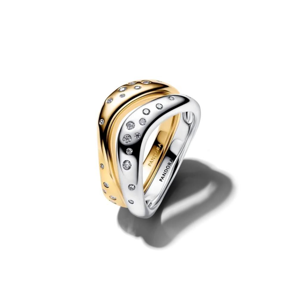 Anello Pandora Linea Sinuosa Divisibile Bicolore con Pietre Luminose