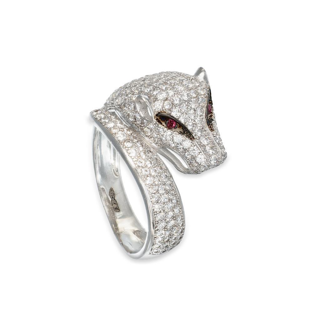 Anello Pantera in Oro Bianco 18 Kt e Cubic Bianca e Rosso Rubino