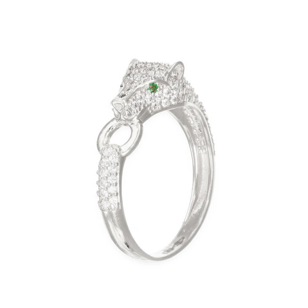 Anello Pantera in Oro Bianco 18 Kt e Cubic Bianca e Verde
