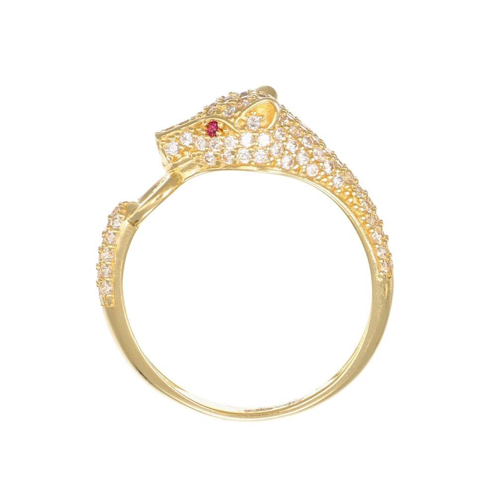 Anello Pantera in Oro Giallo 18 Kt e Cubic Bianca e Rossa