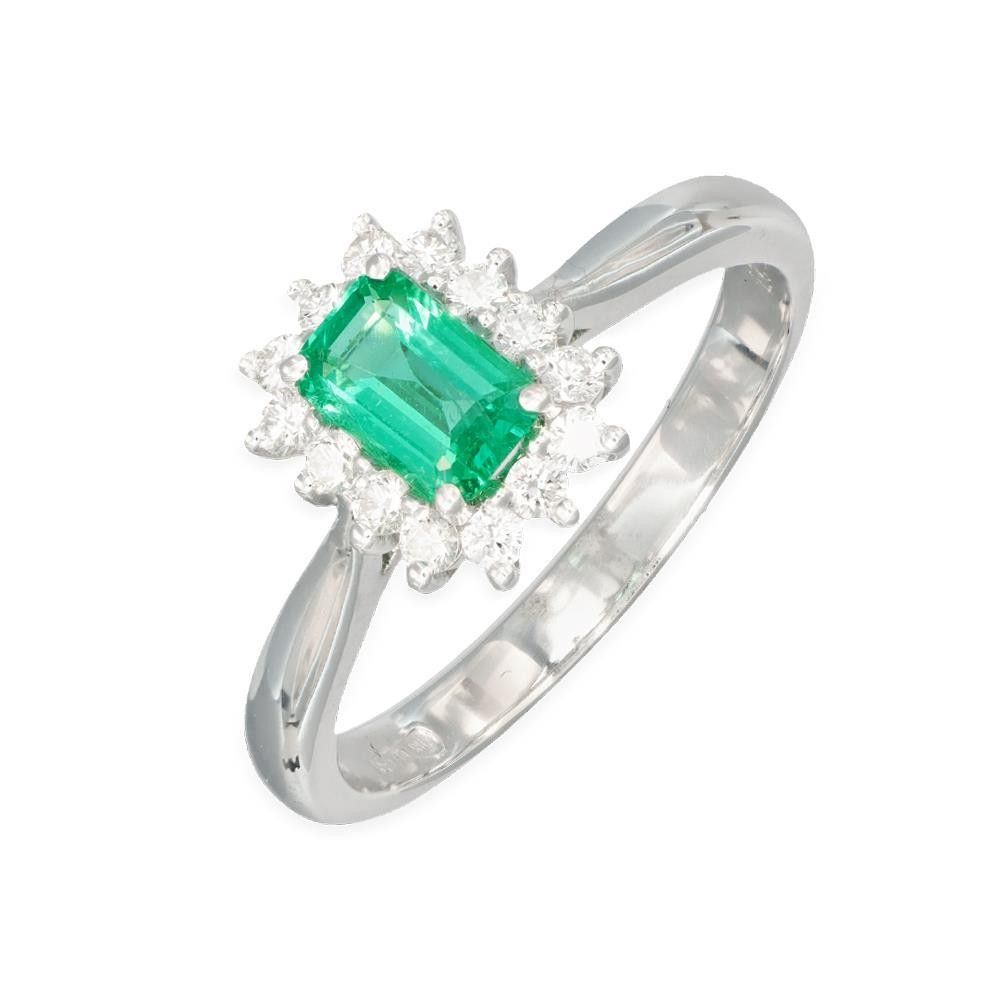 Anello Smeraldo in Oro Bianco 18 Kt e Diamanti a contorno sul gambo