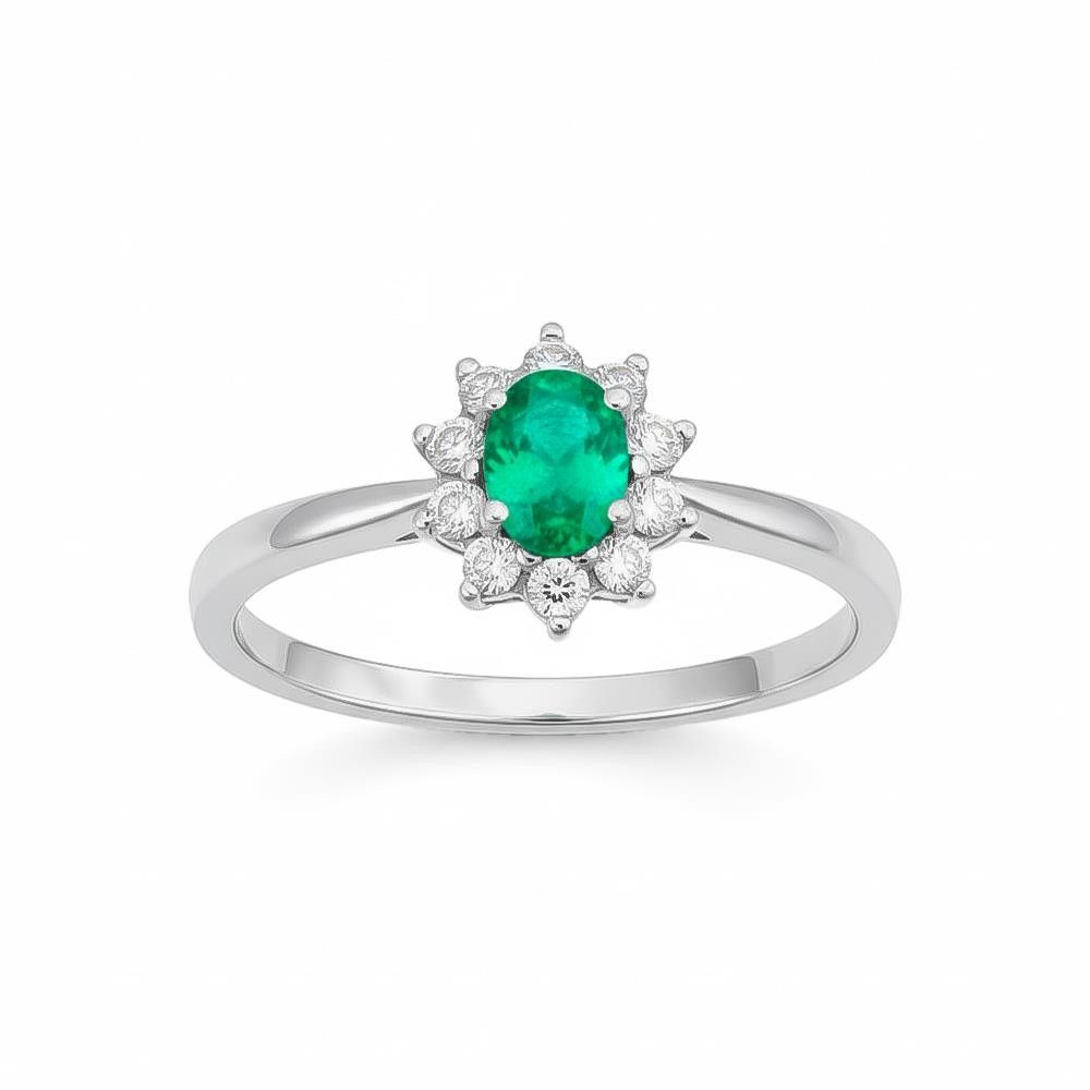 Anello Smeraldo Taglio Ovale in Oro Bianco 18 Kt e Diamanti