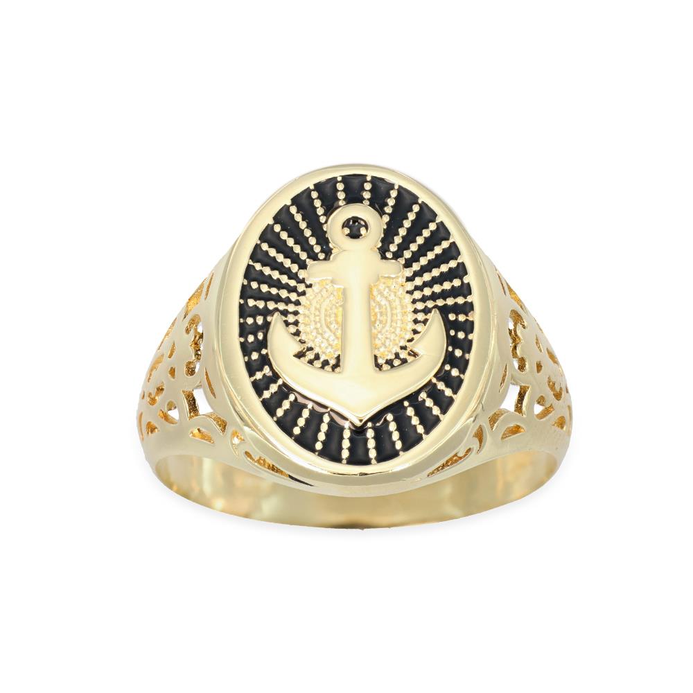Anello Uomo con Ancora in Oro Giallo 18 Kt e Smalto