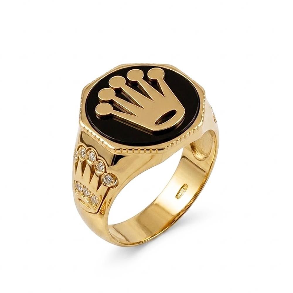 Anello Uomo Corona in Oro Giallo 18 Kt e Cubic Bianca