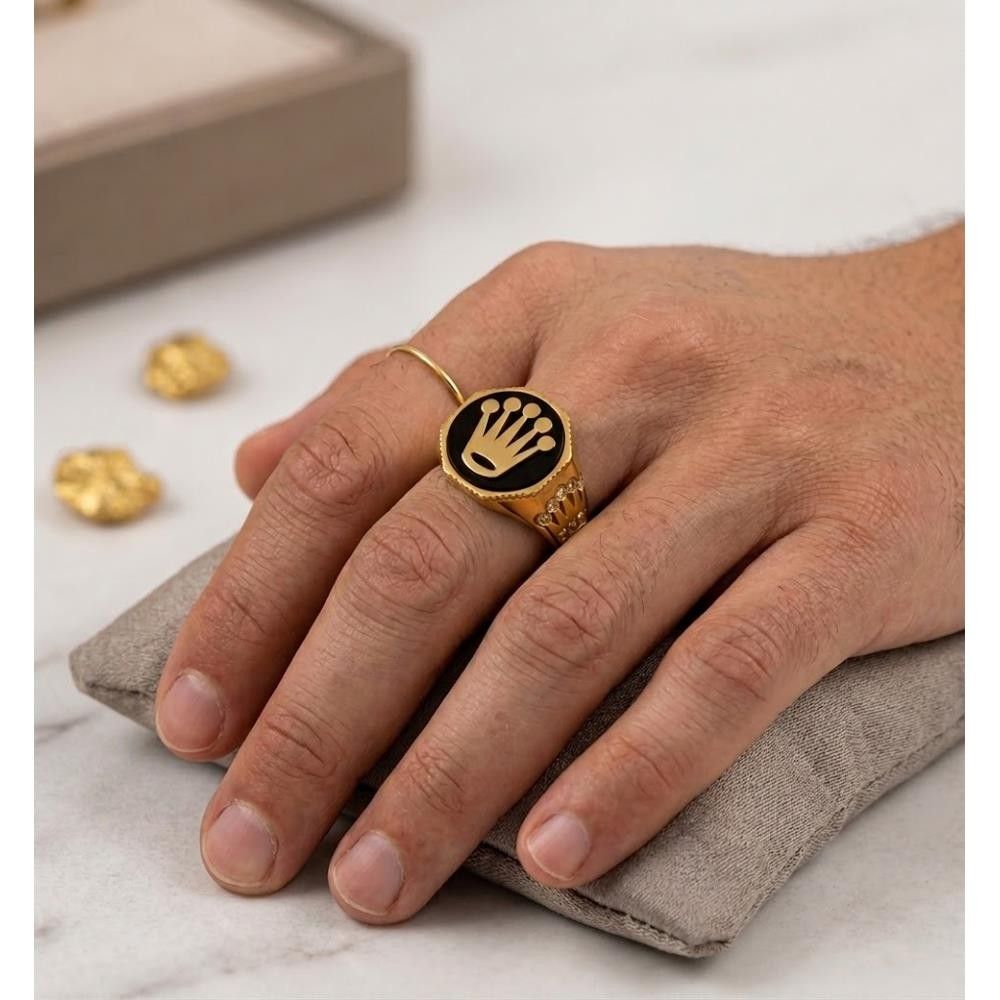 Anello Uomo Corona in Oro Giallo 18 Kt e Cubic Bianca