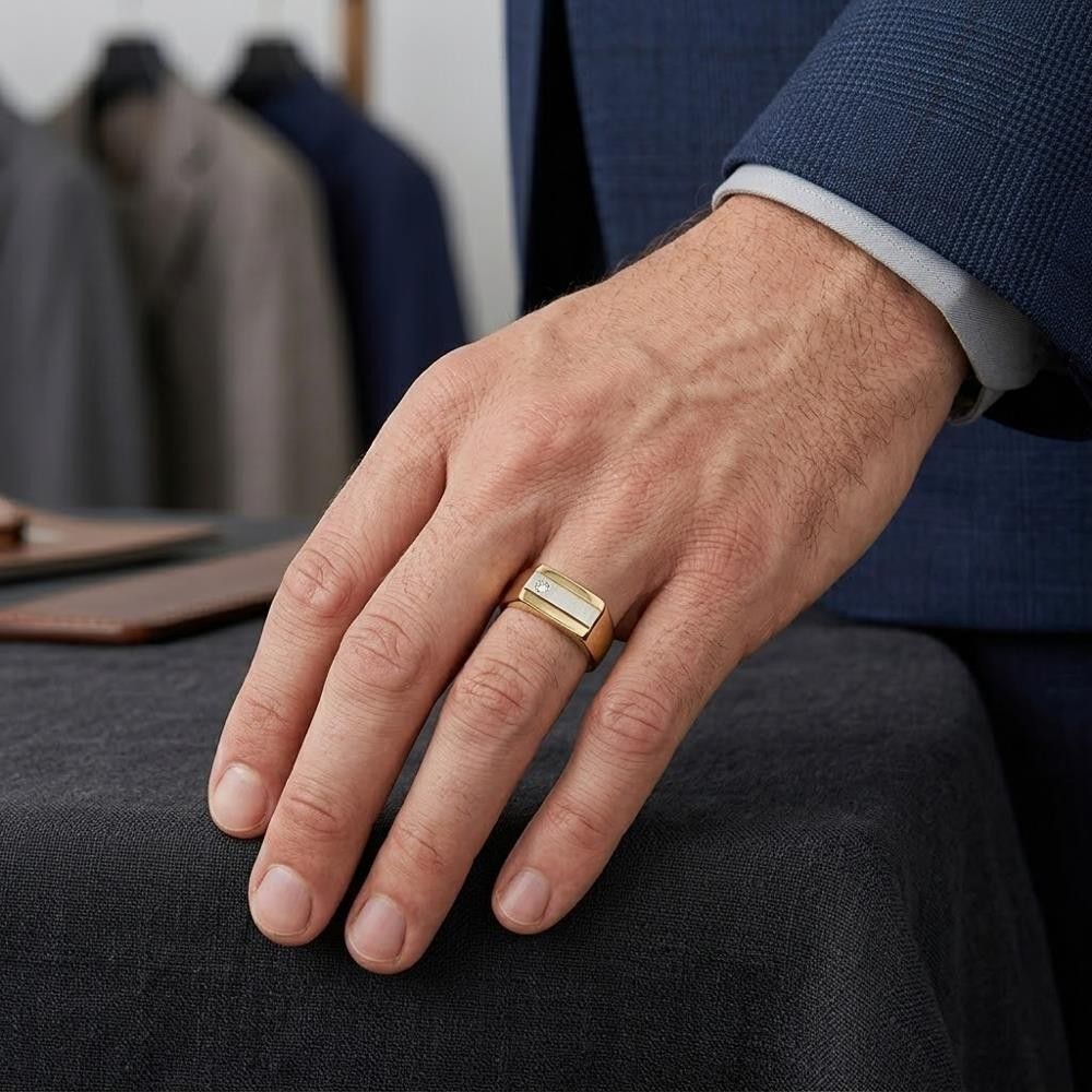 Anello Uomo Rettangolare Liscio in Oro 18 Kt con Brillante