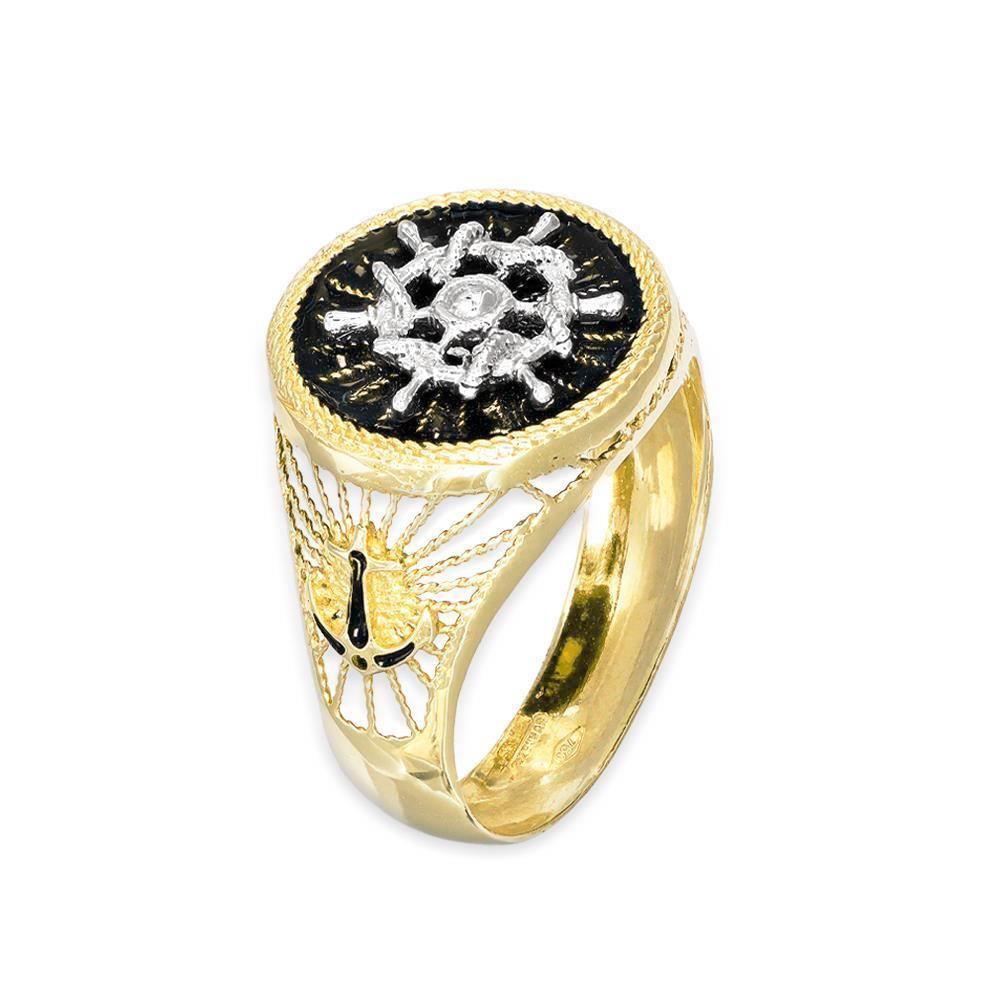 Anello Uomo  Sigillo Timone in Oro Giallo e Bianco 18 Kt