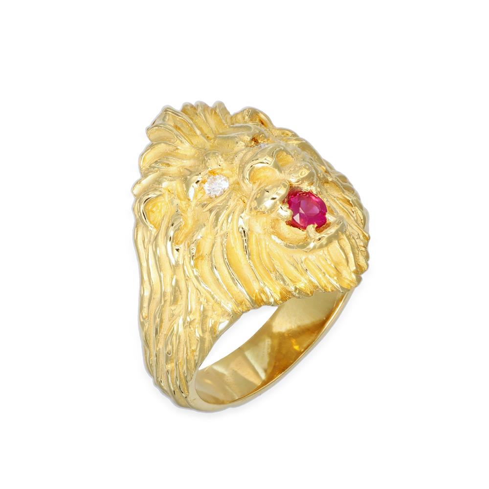 Anello Uomo Testa di Leone in Oeo Giallo 18 Kt Rubino e Diamanti