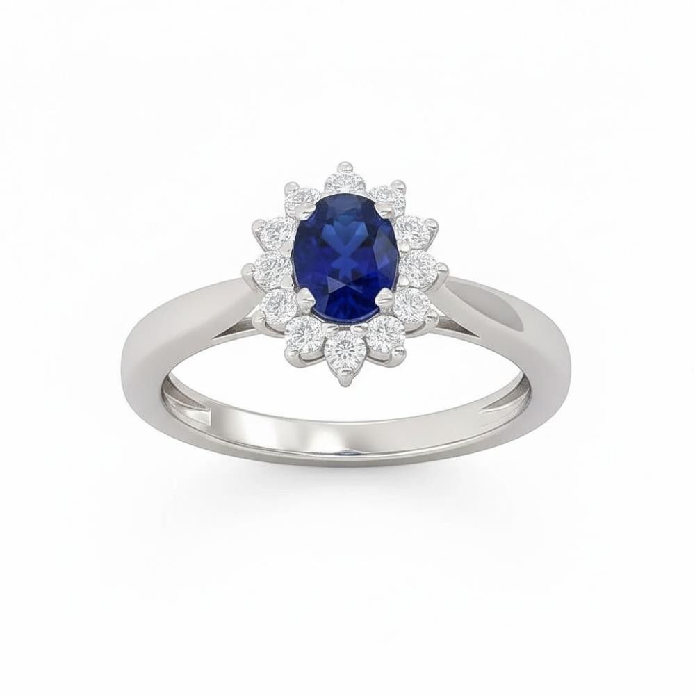 Anello Zaffiro Blu Taglio Ovale in Oro Bianco 18 Kt e Diamanti