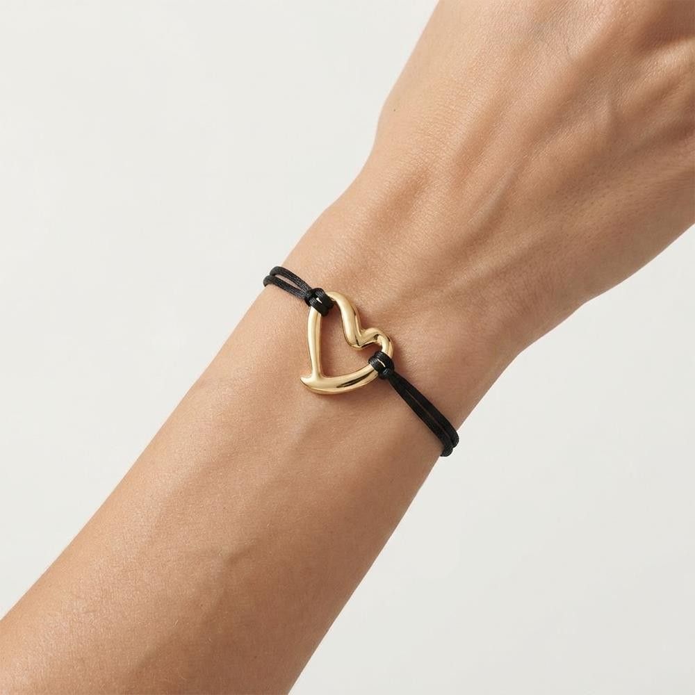 Bracciale con Cordino Nero e Cuore in Oro Giallo 18 Kt