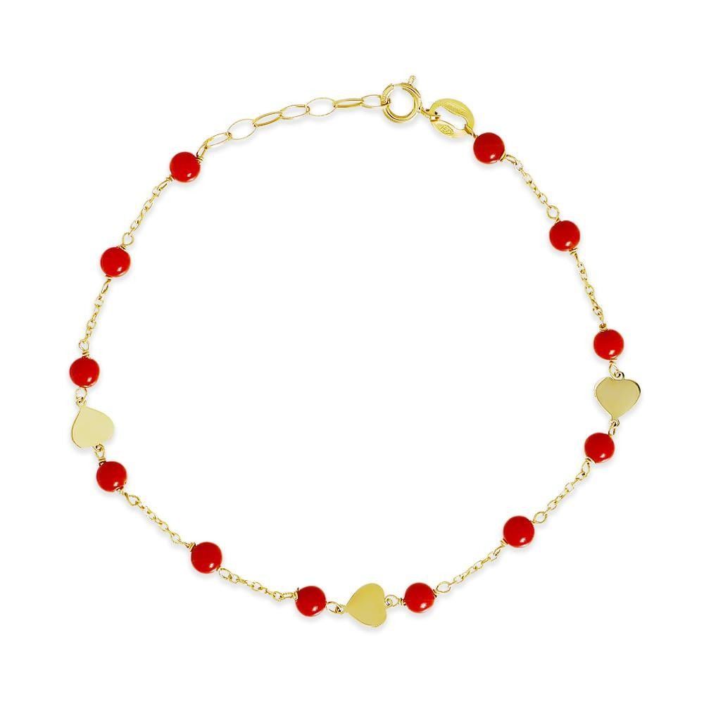 Bracciale Cuori in Oro Giallo 18 Kt e Pasta di Corallo