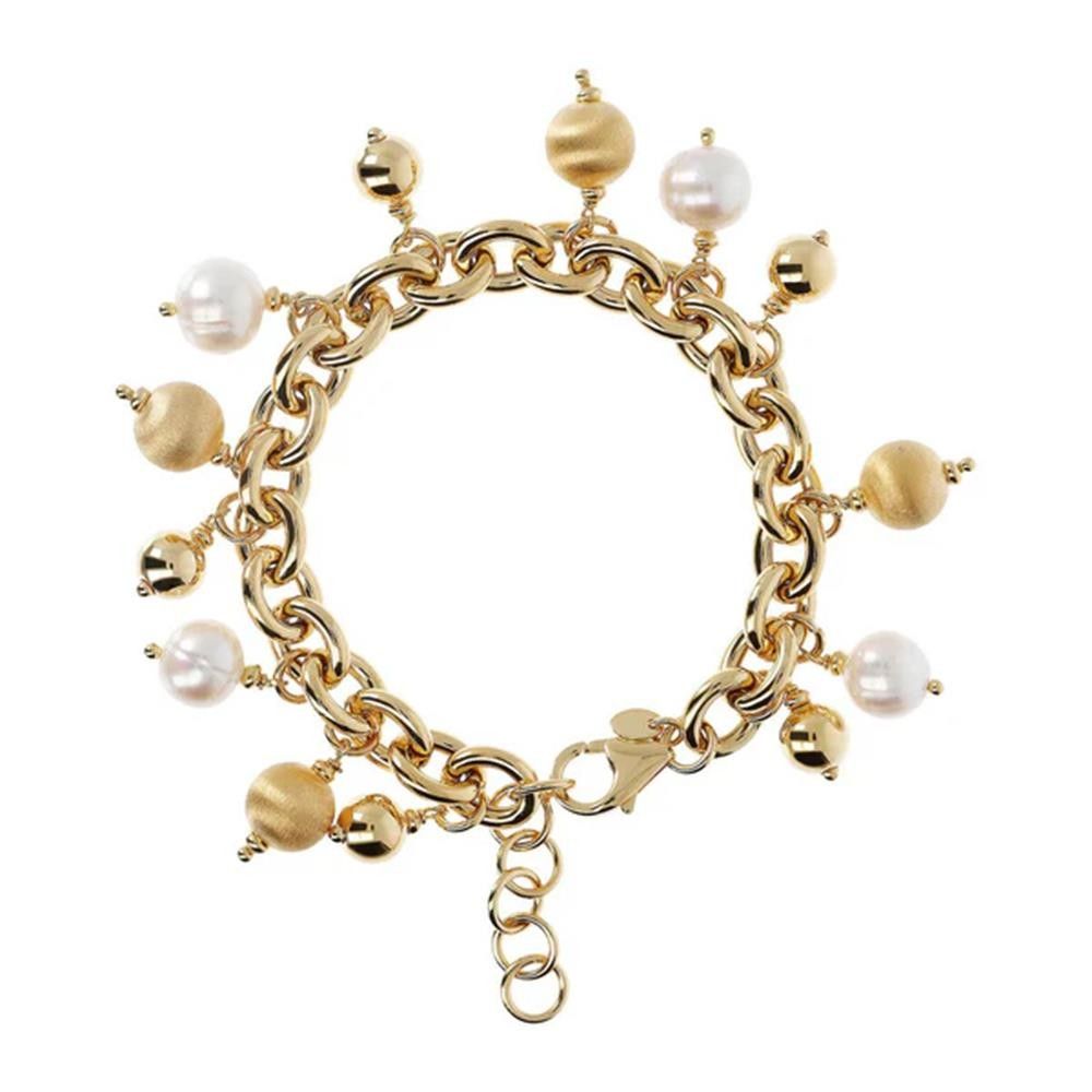 Bracciale Etrusca Catena Rolo con Ciondoli in Sfere Golden Satinate e Perle Bianche d