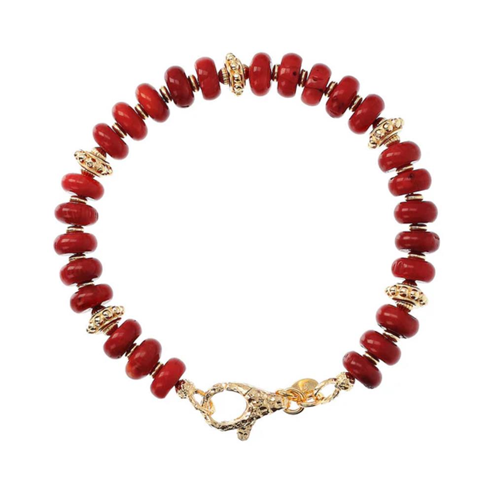  Bracciale Etrusca in Corallo Bambù Rosso con Rondelle Lavorate