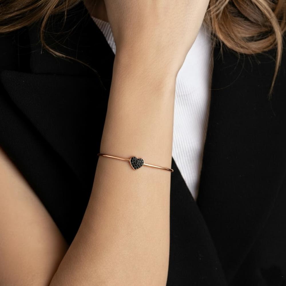 Bracciale Rigido Cuore in Oro Rosa 18 Kt e Diamanti Neri
