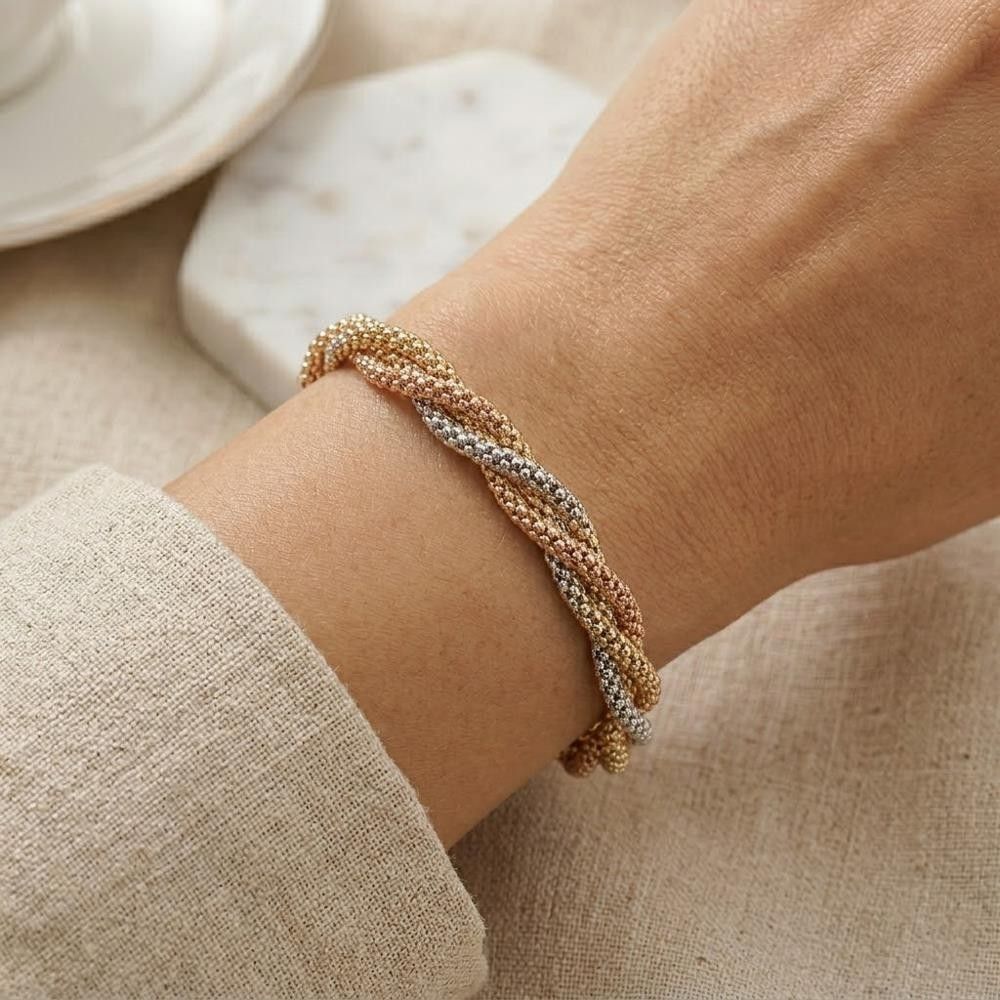 Bracciali Pop Corn Chain Set a 3 Fili in Oro Giallo, Bianco e Rosa 18 Kt