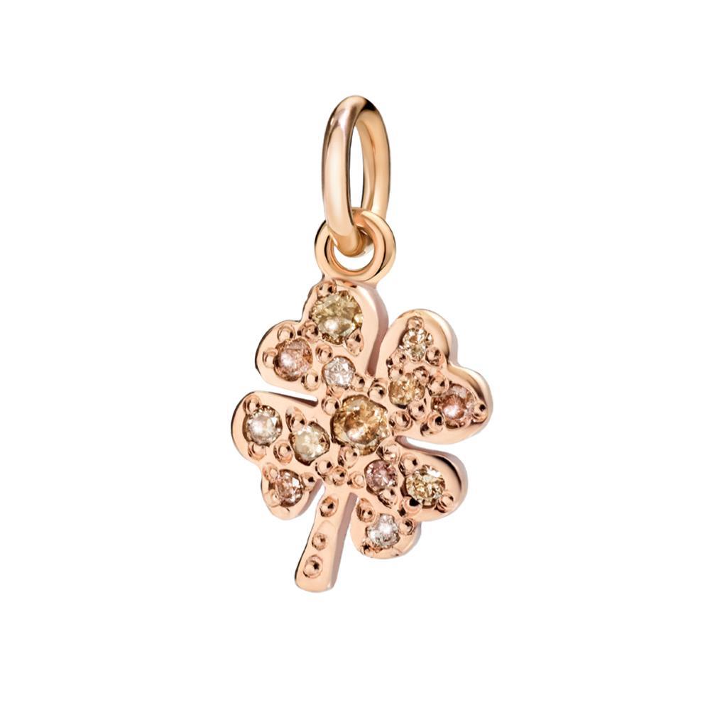 Charm Dodo Quadrifoglio Prezioso In Oro Rosa e Diamanti Marroni