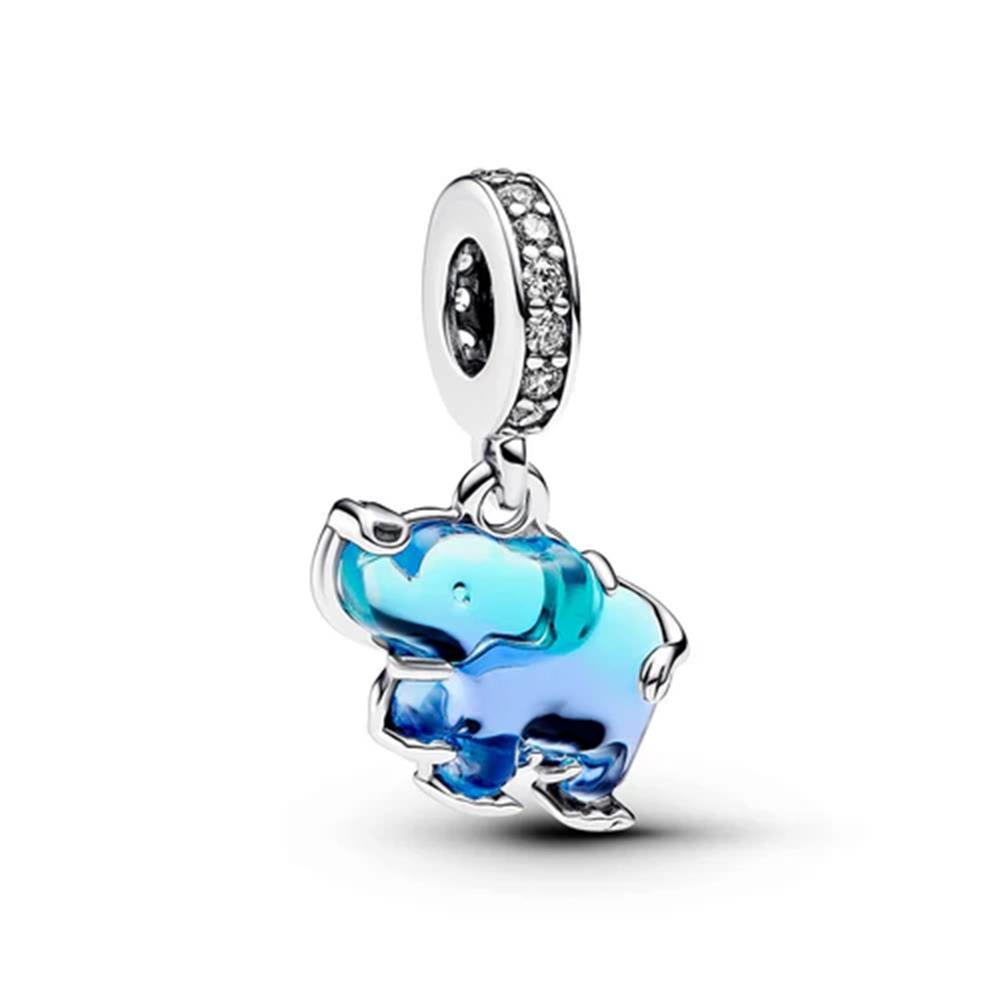 Charm Pandora Pendente Elefante Vetro di Murano Blu