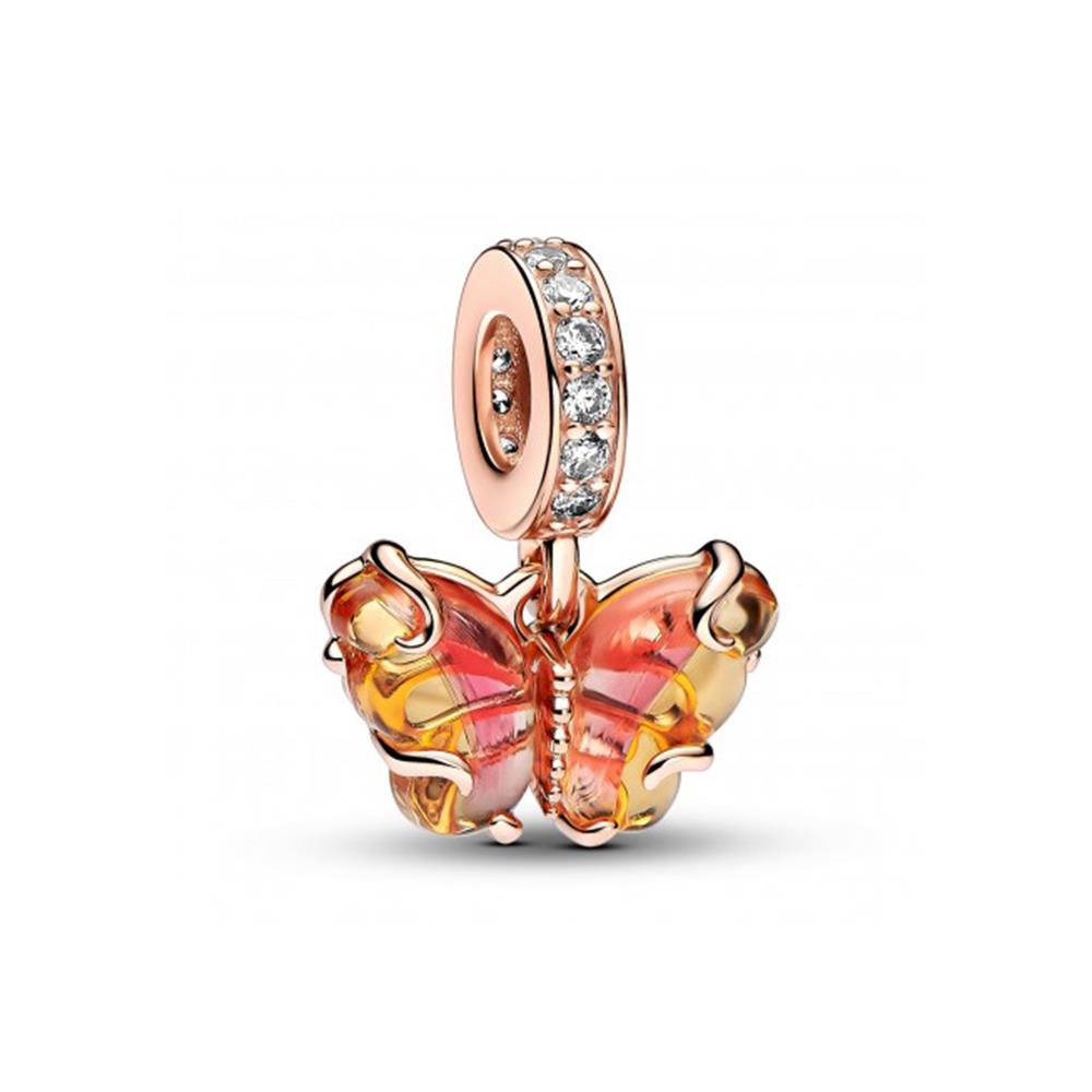 Charm Pandora Pendente Farfalla Vetro di Murano Arancione e Rosa