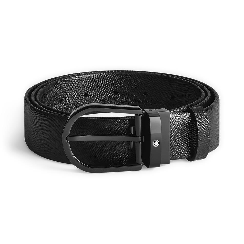 Cintura Montblanc in pelle nera 35 mm con fibbia a ferro di cavallo