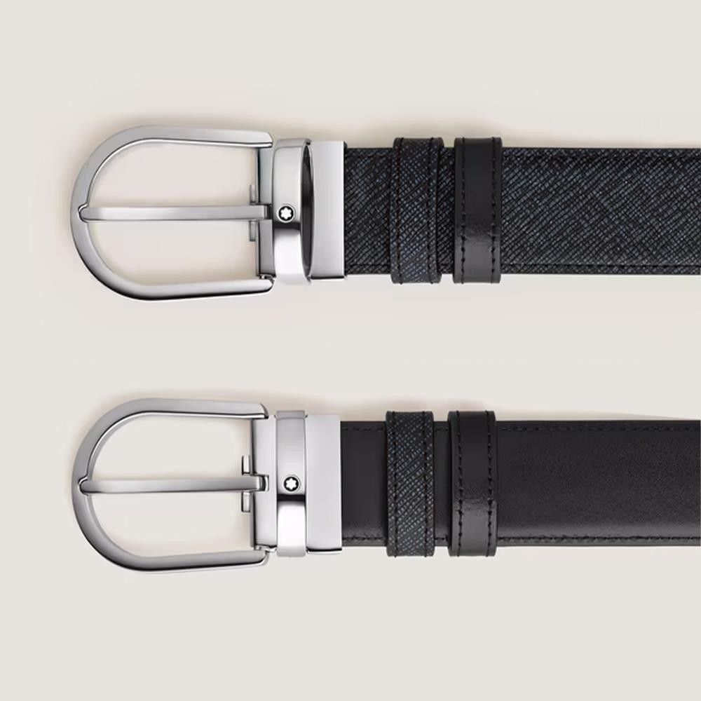 Cintura Montblanc reversibile in pelle blu/nera con fibbia a ferro di cavallo da 35 mm