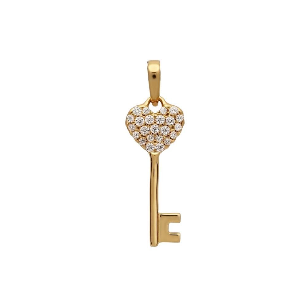 Ciondolo Chiave a Cuore in Oro Giallo 18 Kt e Cubic Bianca