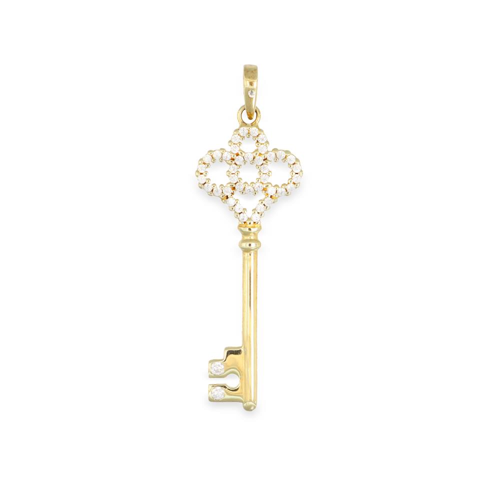 Ciondolo Chiave in Oro Giallo 18 Kt e Cubic Bianca