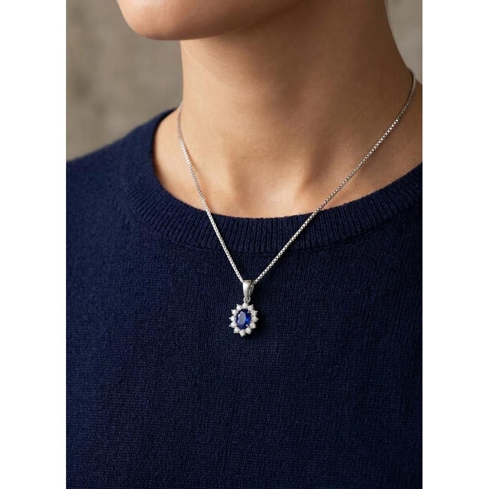 Ciondolo in Oro Bianco 18 Kt e Cubic Blu Zaffiro